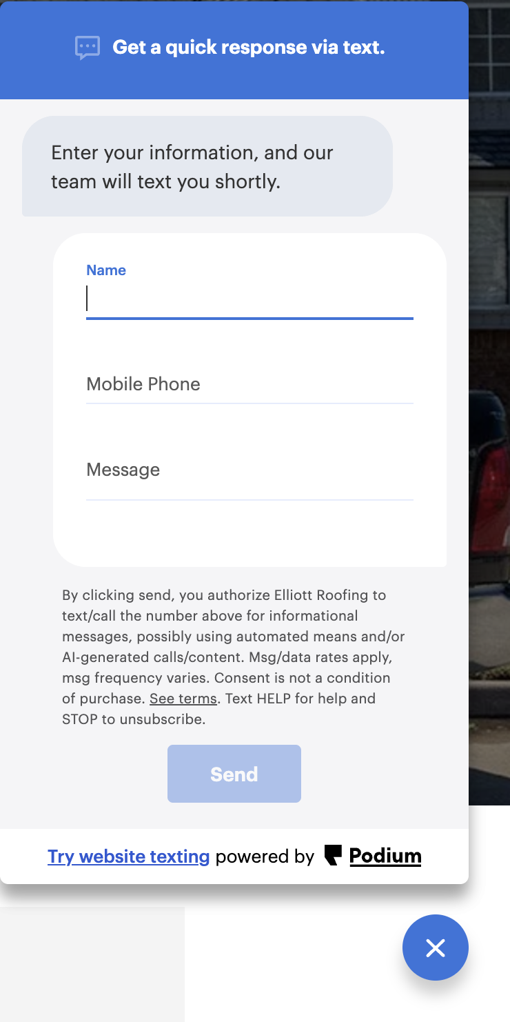 Podium webchat widget on Elliott Roofing showing name phone message fields