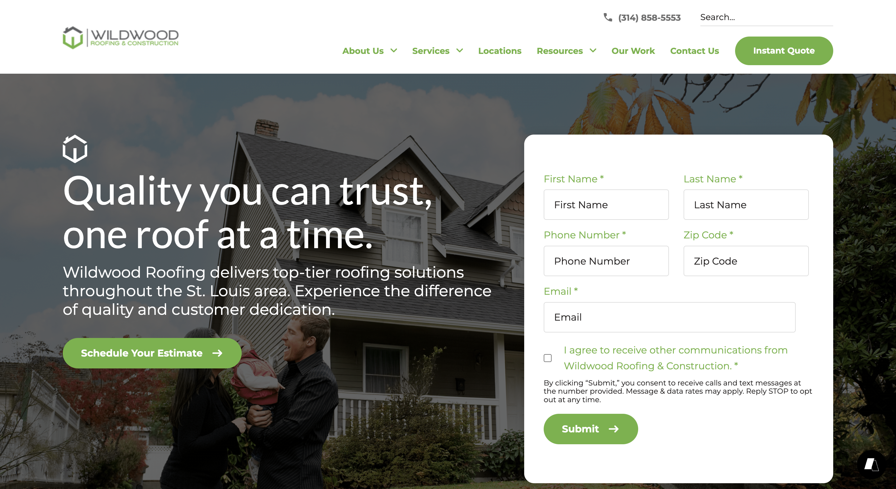 Elliott Roofing contact page with Contact headline