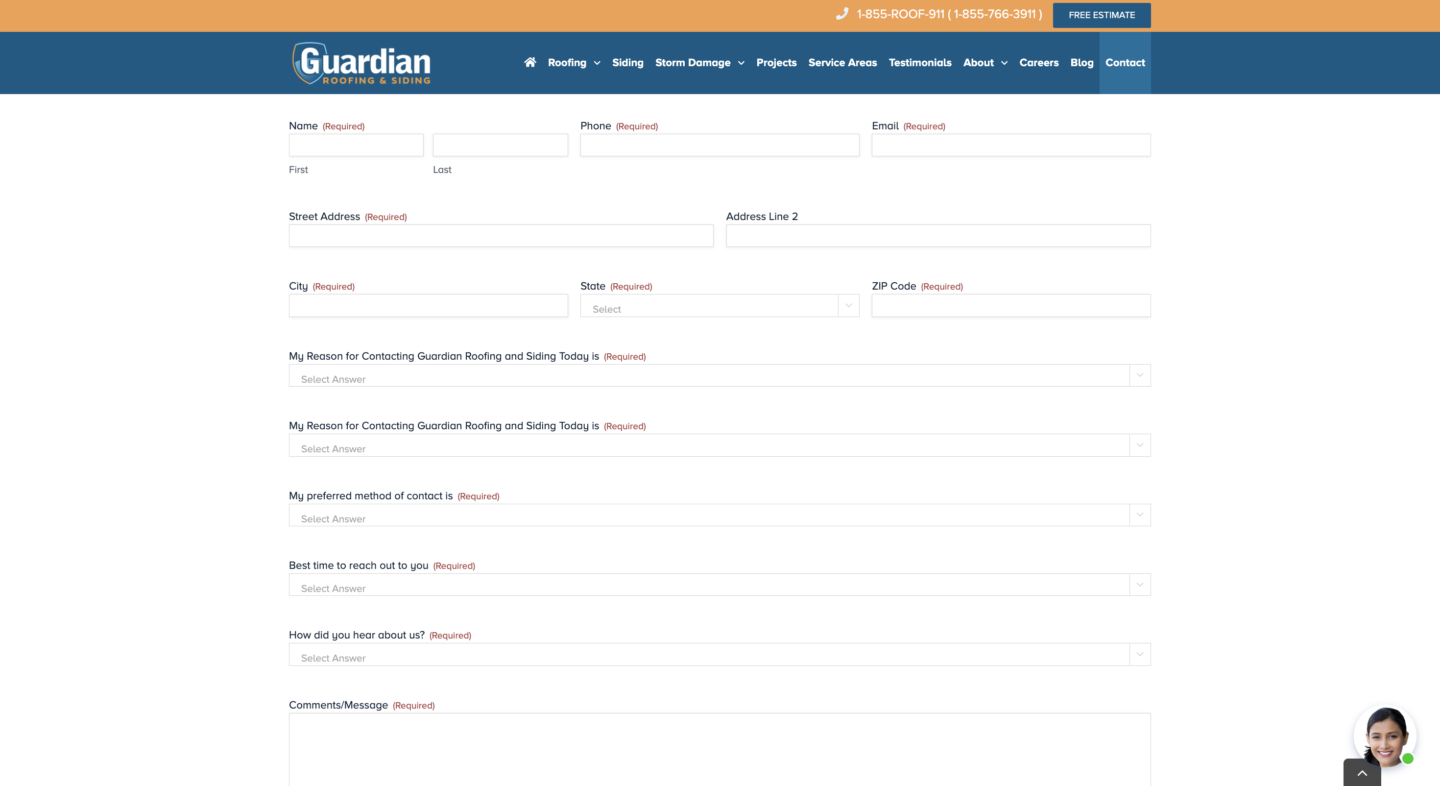 Guardian Roofing contact form with duplicate dropdown fields
