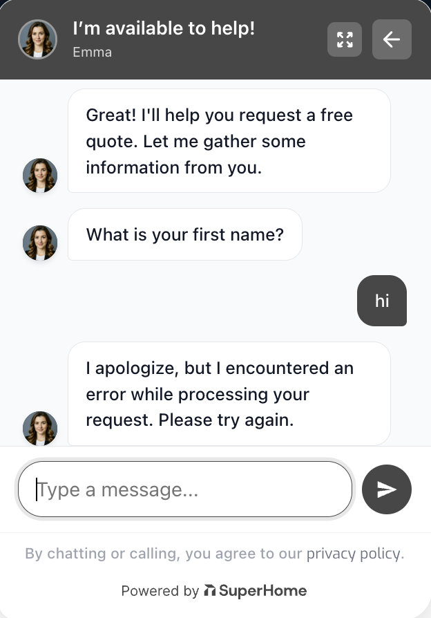 Krech Exteriors Emma chatbot error message