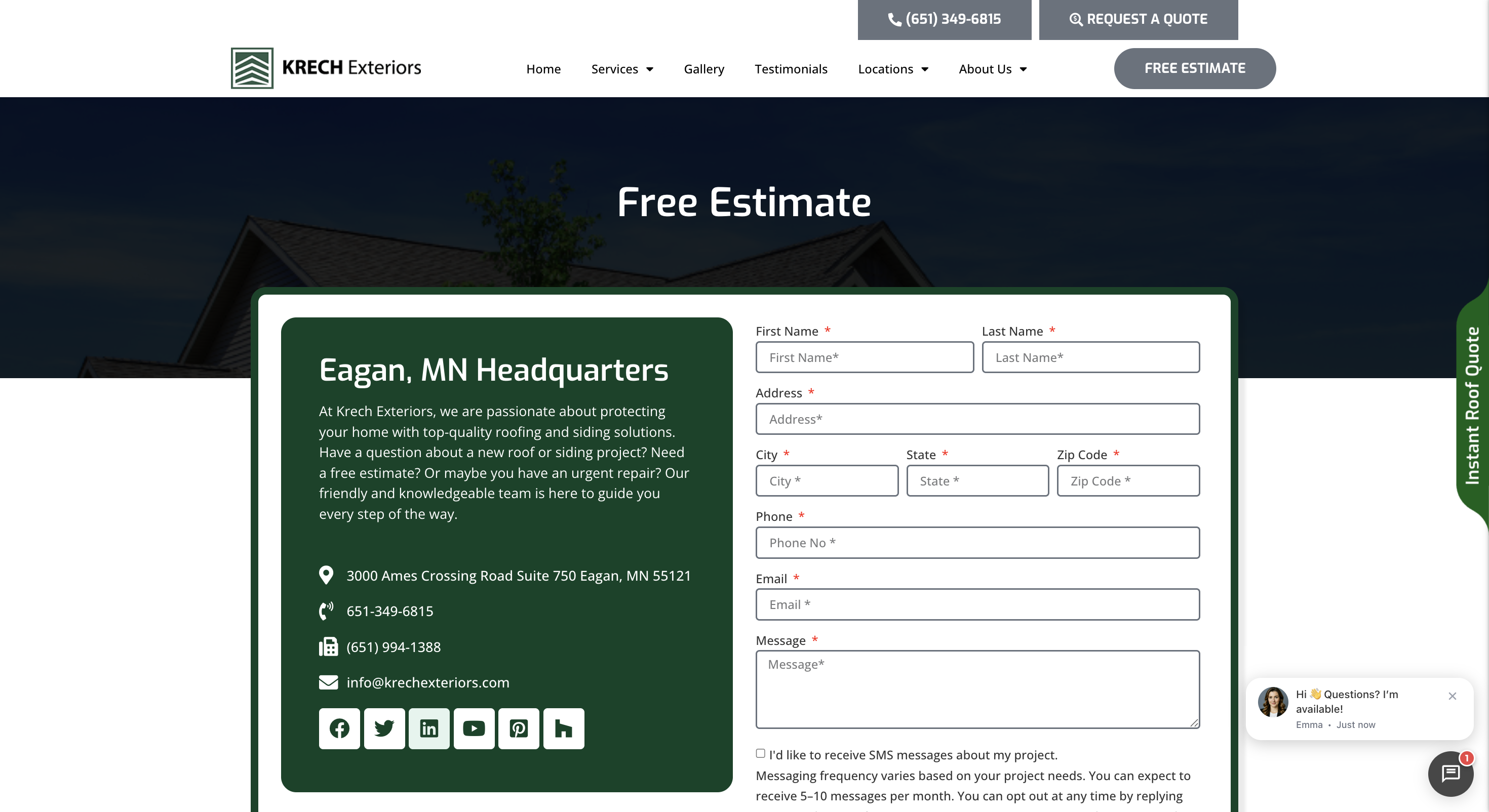 Krech Exteriors nine-field quote form with SMS opt-in
